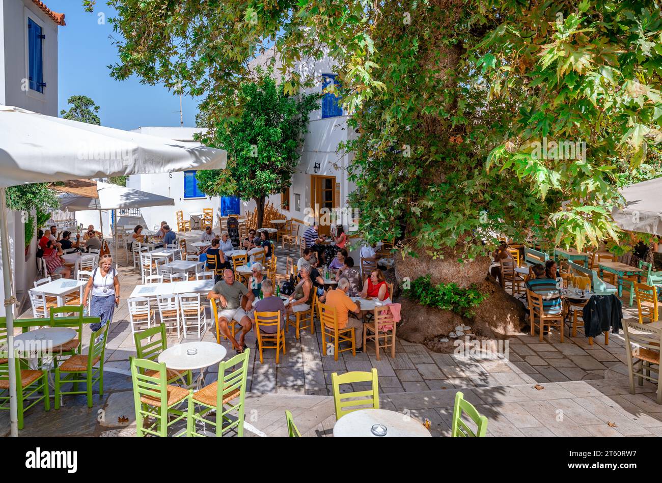 Persone che si godono un rinfresco sotto l'ombra del vecchio platano, sulla piazza principale di Pyrgos, nell'isola di Tinos, nelle Cicladi, in Grecia. Foto Stock