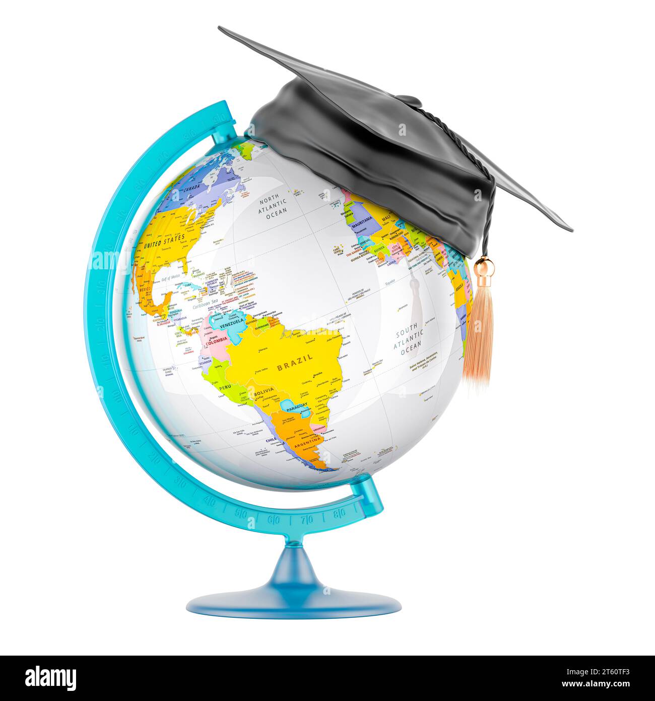 World Globe con cappello quadrato. Concetto di istruzione internazionale, rendering 3D isolato su sfondo bianco Foto Stock