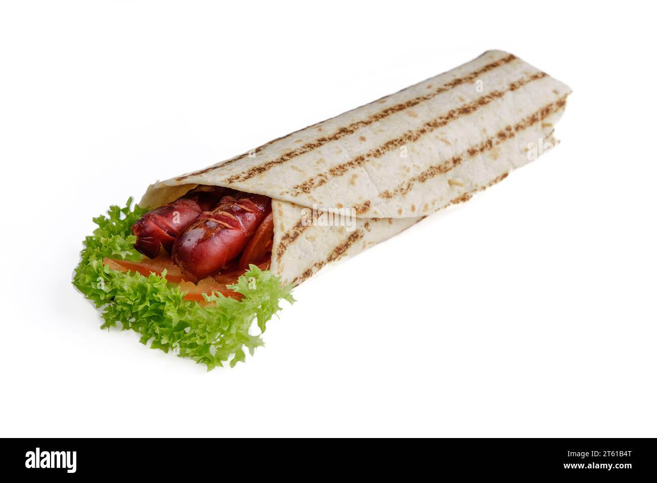 shawarma con salsiccia bavarese su sfondo bianco per il punto di consegna del cibo 1 Foto Stock