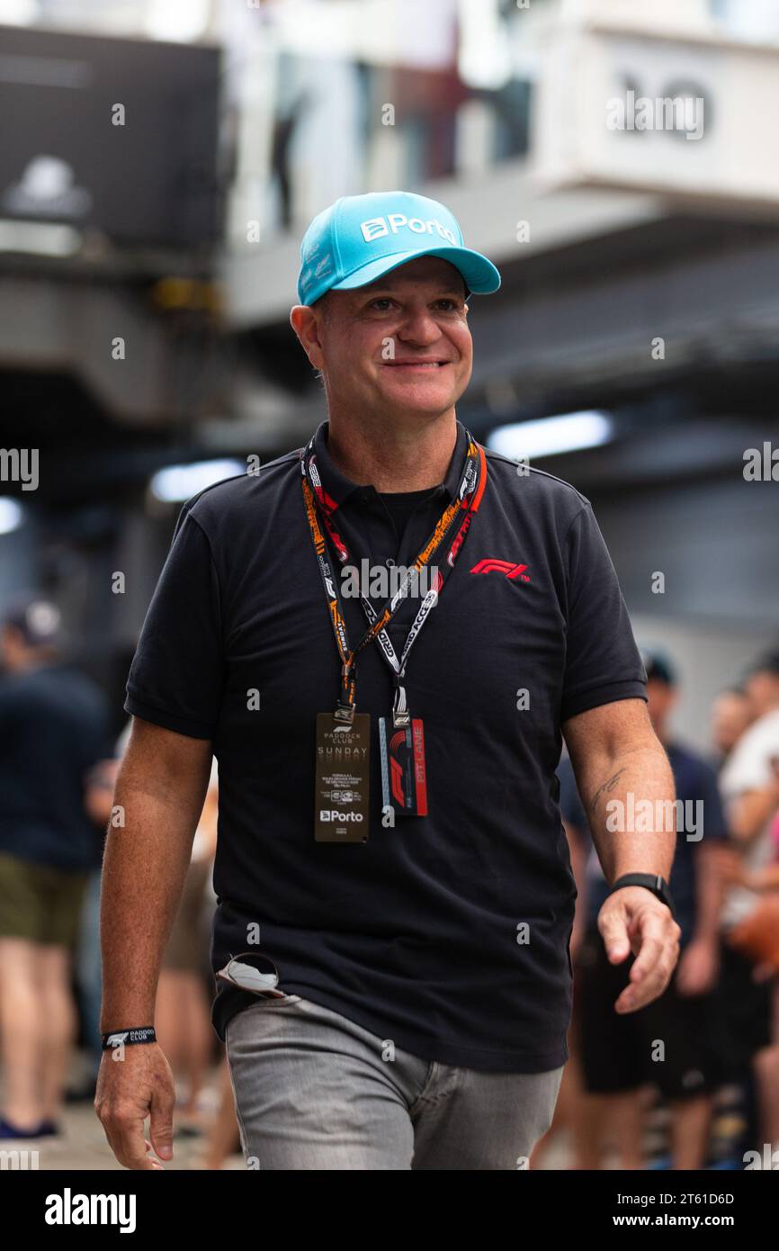 RUBENS BARRICHELLO ex pilota FERRARI arriva al paddock come parte del Gran Premio di F1 di San Paolo 2023 all'autodromo Jose Carlos Pace di Novemb Foto Stock