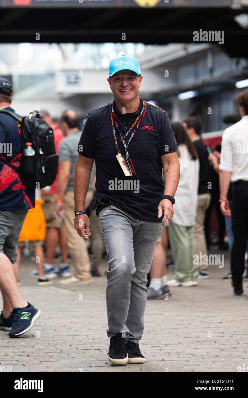 RUBENS BARRICHELLO ex pilota FERRARI arriva al paddock come parte del Gran Premio di F1 di San Paolo 2023 all'autodromo Jose Carlos Pace di Novemb Foto Stock