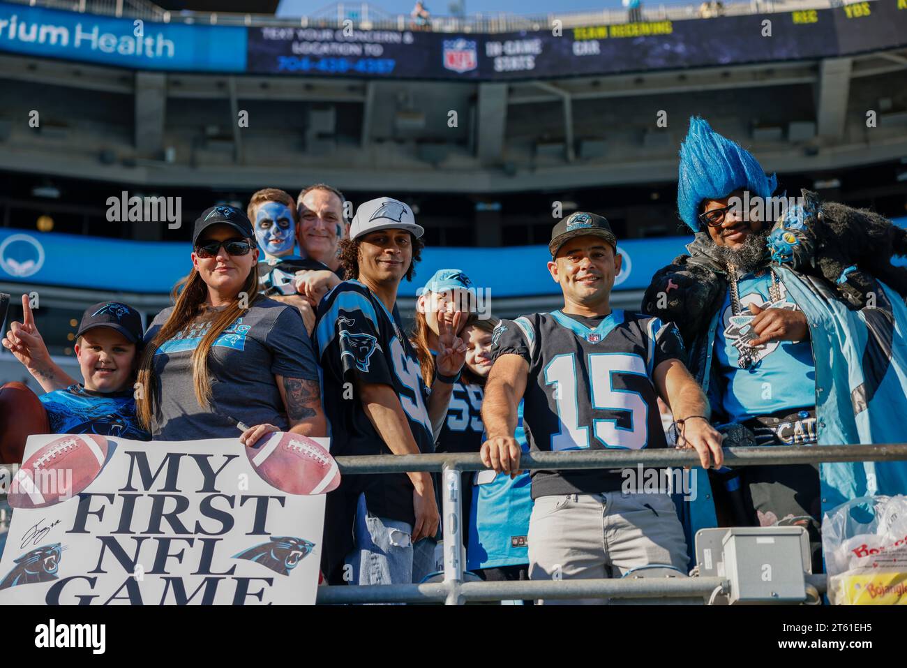 Charlotte, NC, USA: I tifosi dei Carolina Panthers fanno il tifo in tribuna durante una partita della NFL contro gli Indianapolis Colts al Bank of America Stadium, domenica, N. Foto Stock