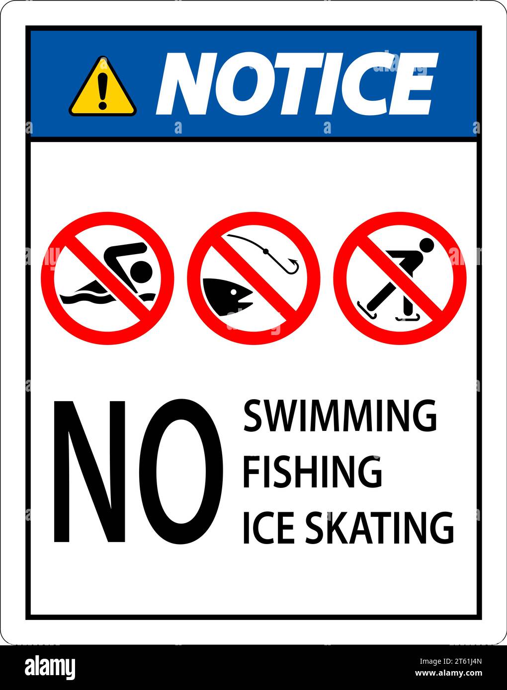 Avviso cartello di divieto - non è consentito nuotare, pescare, pattinare sul ghiaccio Illustrazione Vettoriale