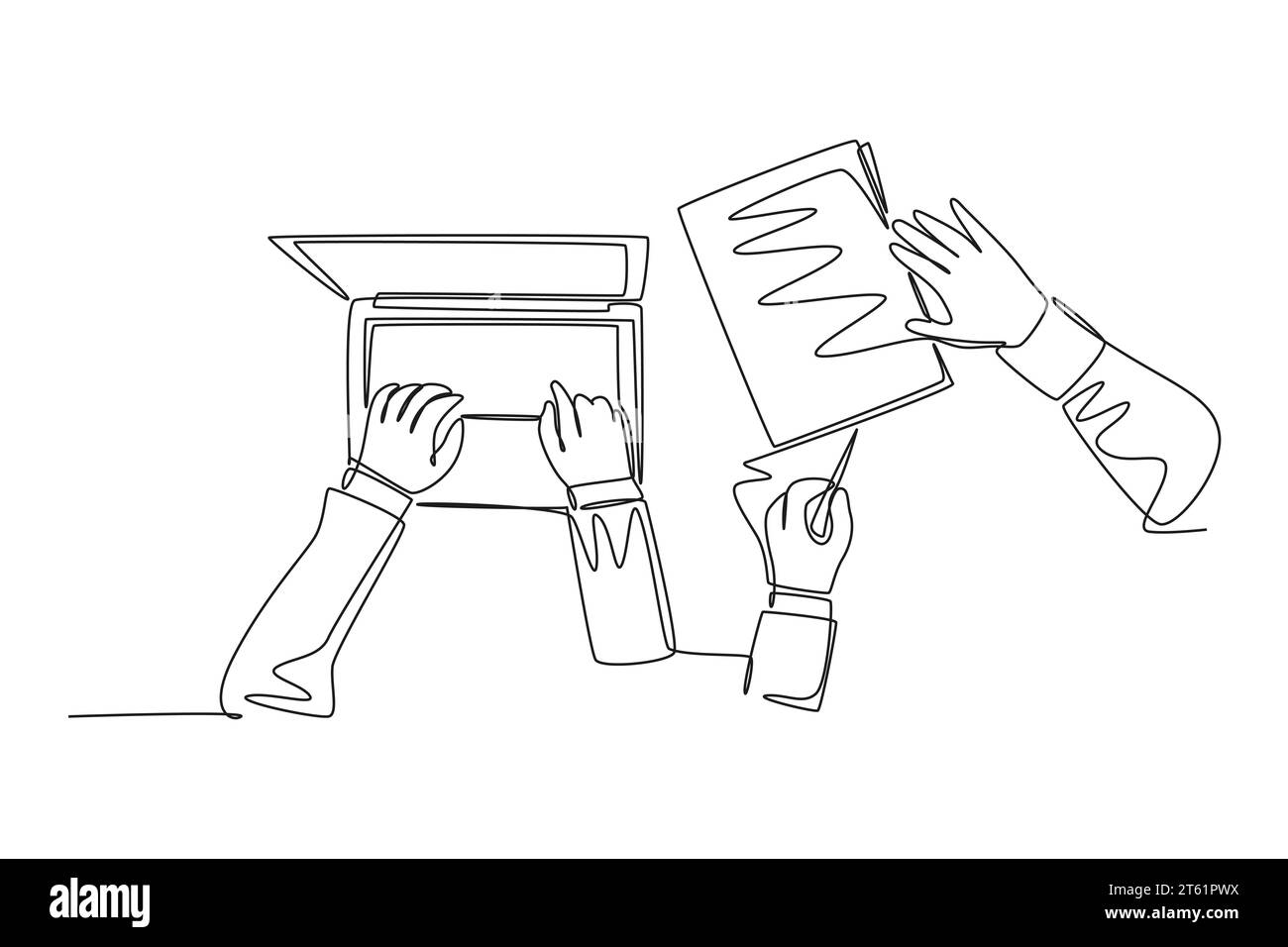 Un unico disegno a linea continua della digitazione manuale sulla tastiera del computer portatile e la firma manuale del contratto. Concetto di grande affare. Dynami Foto Stock