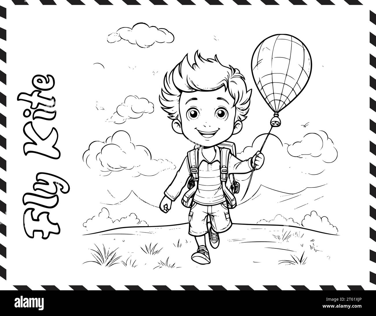Pagina da colorare Chearful Fly Kite per bambini Illustrazione Vettoriale