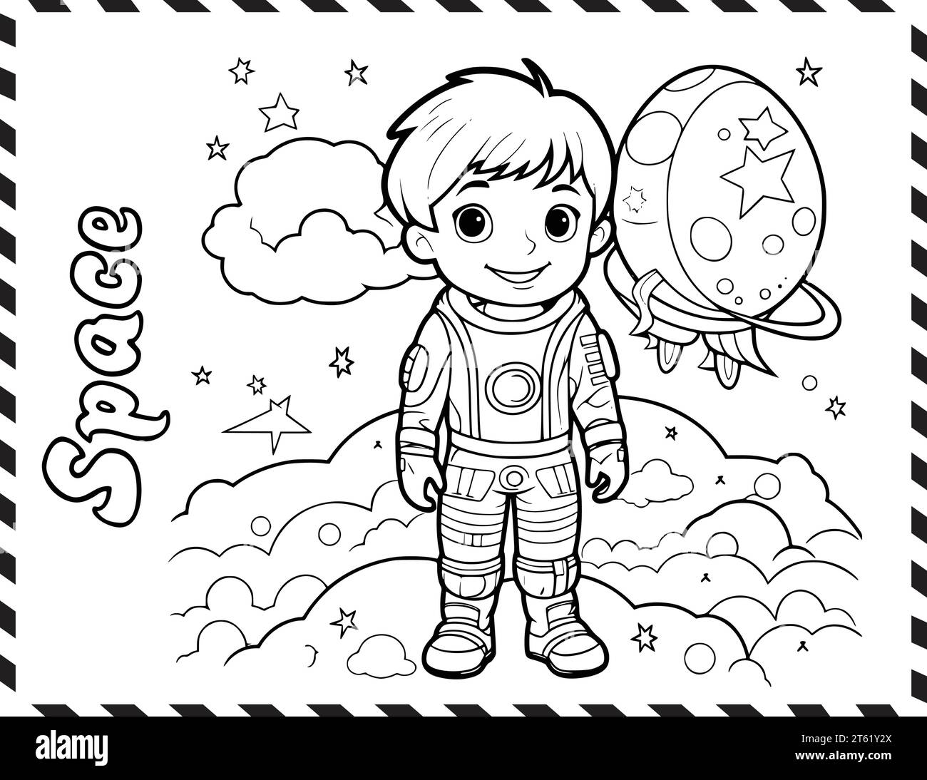 Carino ragazzo che va nello spazio colorare pagine disegno per bambini Illustrazione Vettoriale