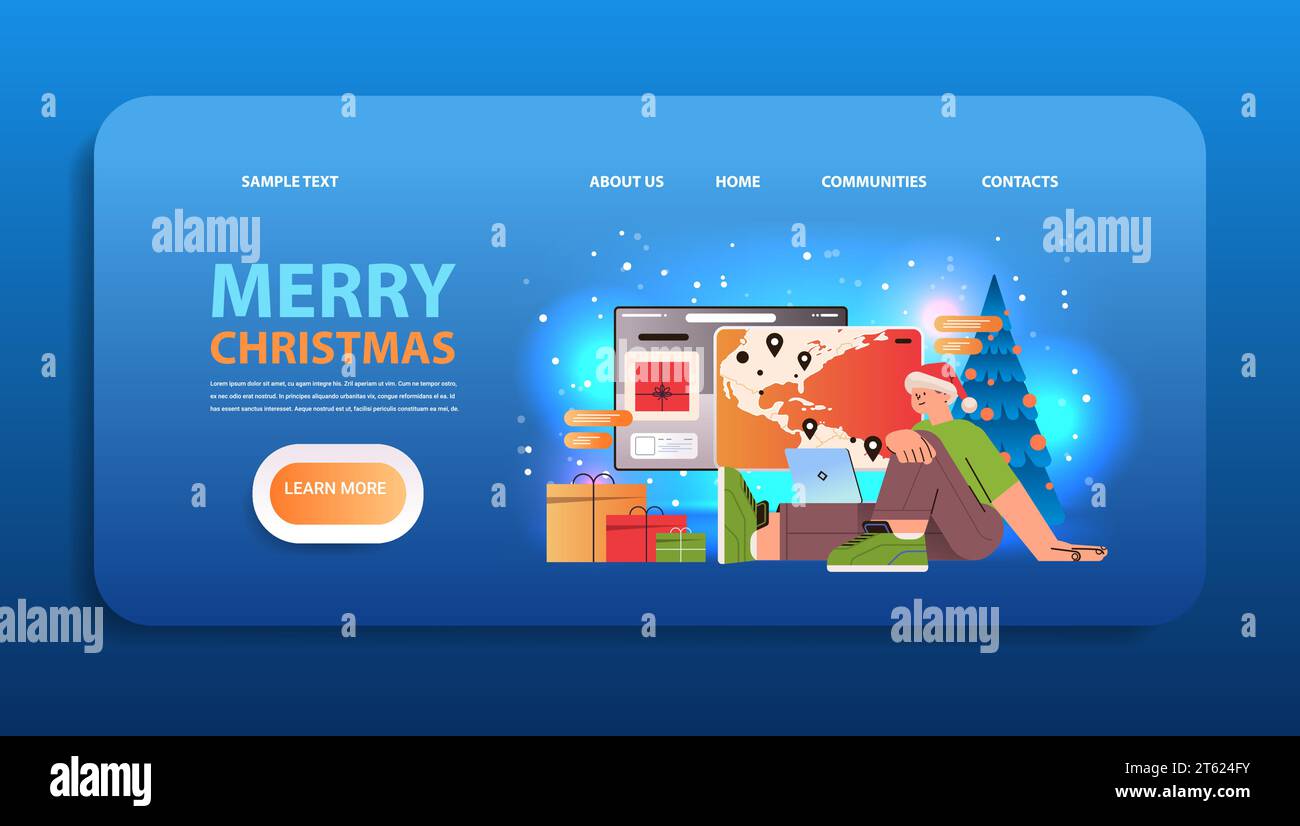 uomo viaggiatore a santa hat che pianifica viaggi sulla mappa del mondo in un'app per computer vacanza in viaggio per festeggiamenti di capodanno Illustrazione Vettoriale