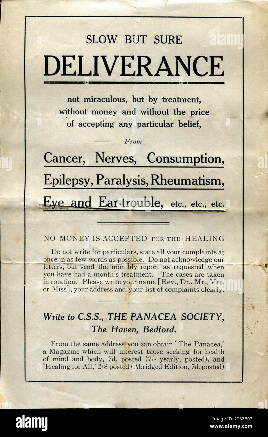 Una pubblicità stampata storica del 1940 per la English Panacea Society, un gruppo religioso millenario con sede a Bedford, in Inghilterra Foto Stock