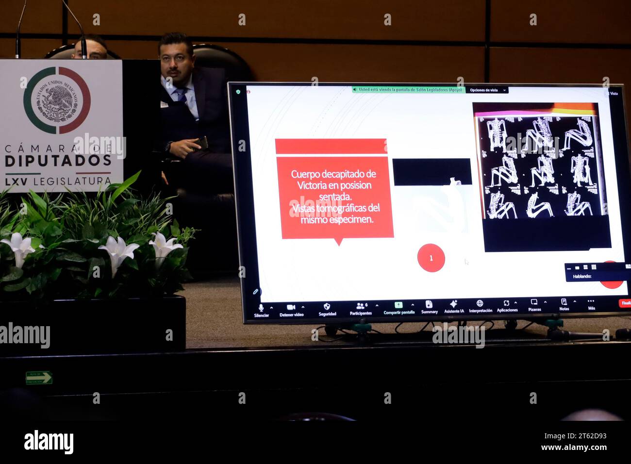 Città del Messico, Messico. 7 novembre 2023. 7 novembre 2023, città del Messico, Messico: Immagini di corpi non umani indagati da specialisti nel fenomeno UFO mostrate alla seconda udienza pubblica messicana sui fenomeni anomali non identificati nella camera dei deputati di città del Messico. Il 7 novembre 2023 a città del Messico, Messico (foto di Luis Barron/Eyepix Group/Sipa USA). Credito: SIPA USA/Alamy Live News Foto Stock