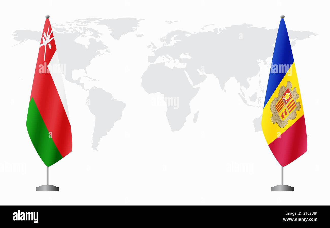 Oman e Andorra bandiere per un incontro ufficiale sullo sfondo della mappa mondiale. Illustrazione Vettoriale