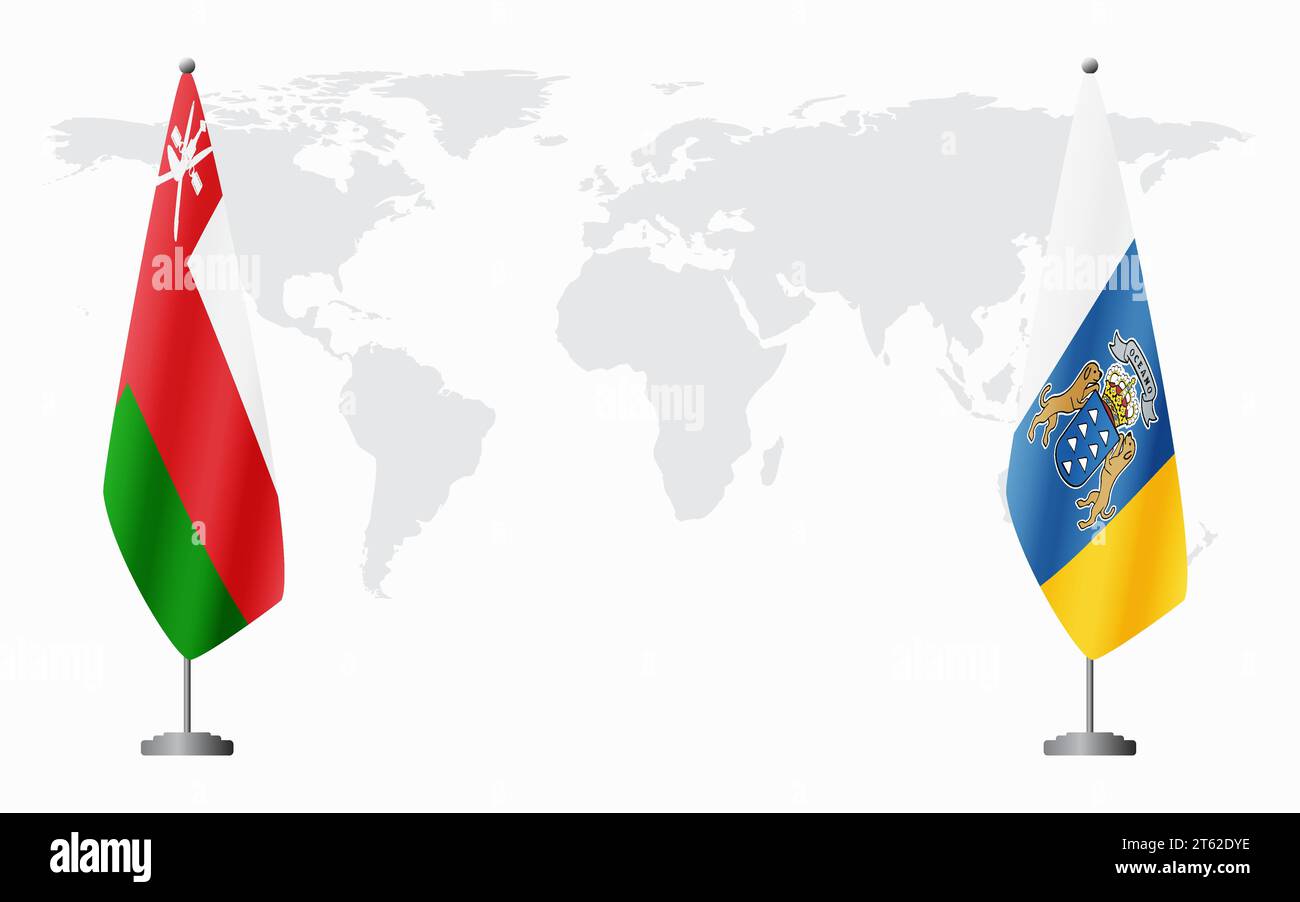 Bandiere dell'Oman e delle Isole Canarie per un incontro ufficiale sullo sfondo della mappa mondiale. Illustrazione Vettoriale