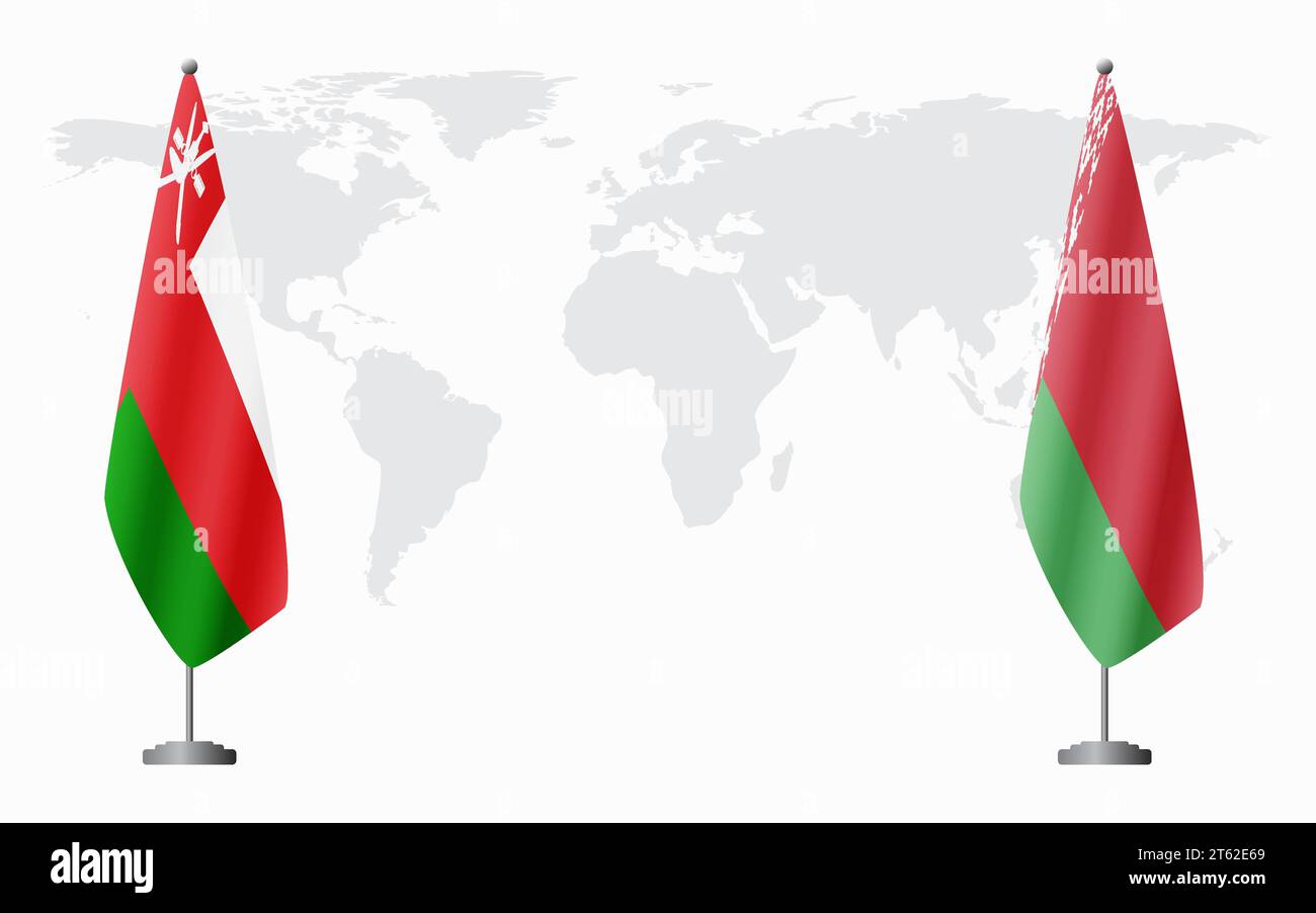 Bandiere dell'Oman e bielorusse per un incontro ufficiale sullo sfondo della mappa mondiale. Illustrazione Vettoriale