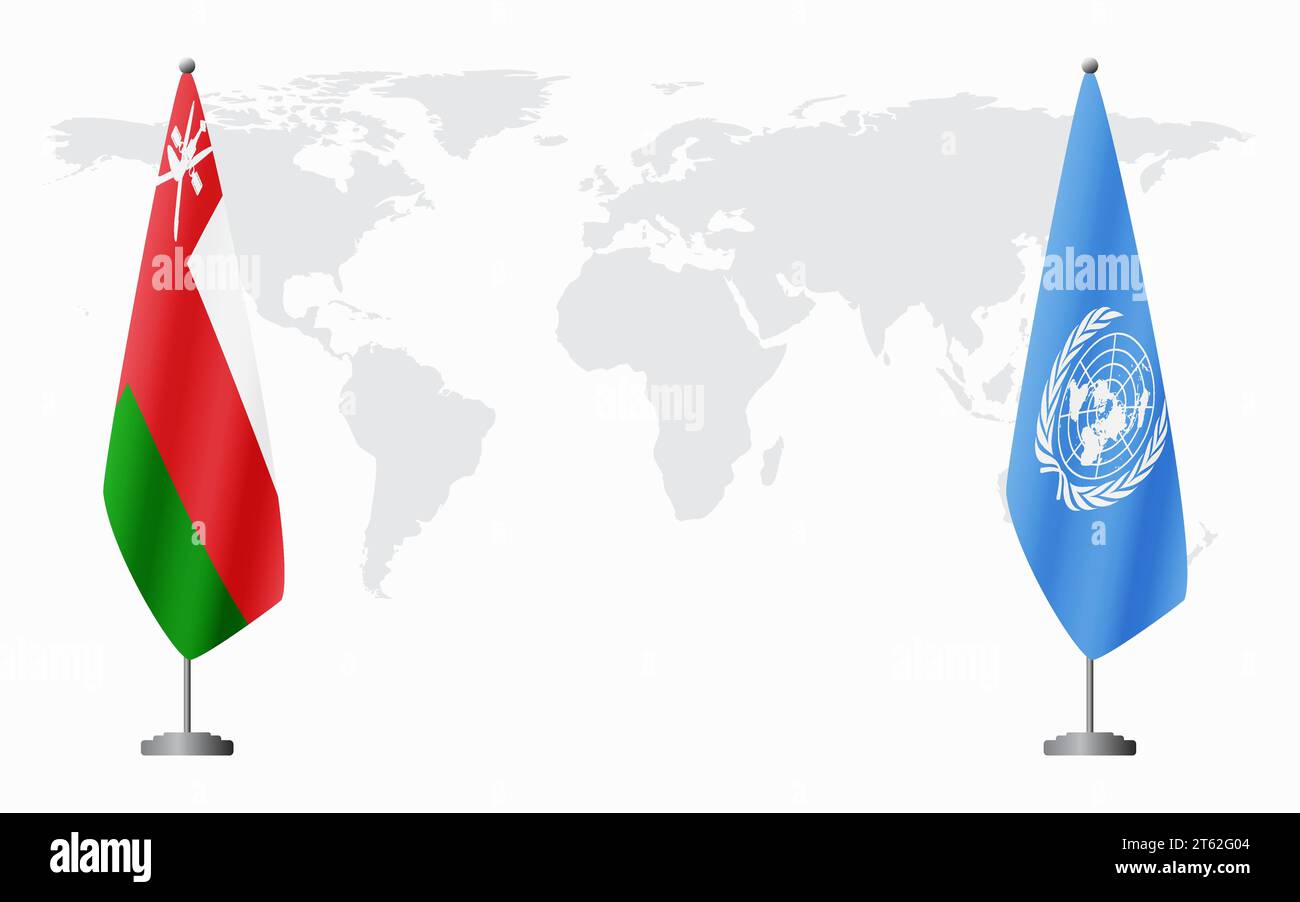Bandiere dell'Oman e delle Nazioni Unite per un incontro ufficiale sullo sfondo della mappa mondiale. Illustrazione Vettoriale