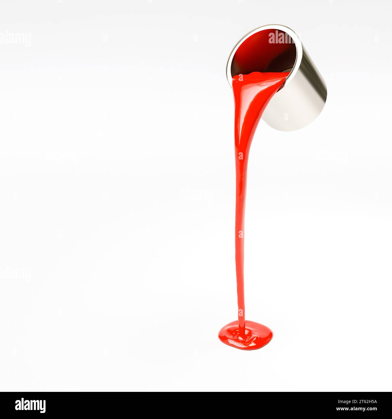 vernice rossa versata da una lattina su uno sfondo bianco rendering 3d. Foto Stock