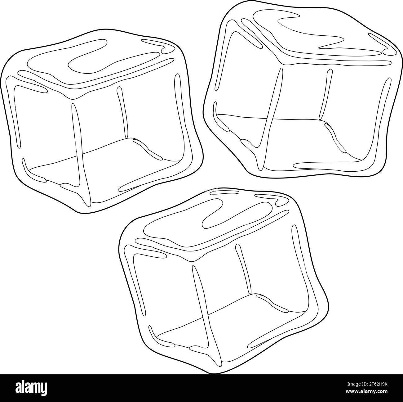 Cubetti di ghiaccio su sfondo bianco. Pagina vettoriale di colorazione in bianco e nero. Illustrazione Vettoriale