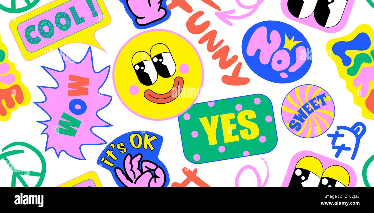 90 Cool Sticker Collage Pattern senza cuciture. Stampa al neon con patch Millennium Style. Cartoon Fun Smile Faces, Urban Typography, Y2K Style Vector Illustration. Illustrazione Vettoriale