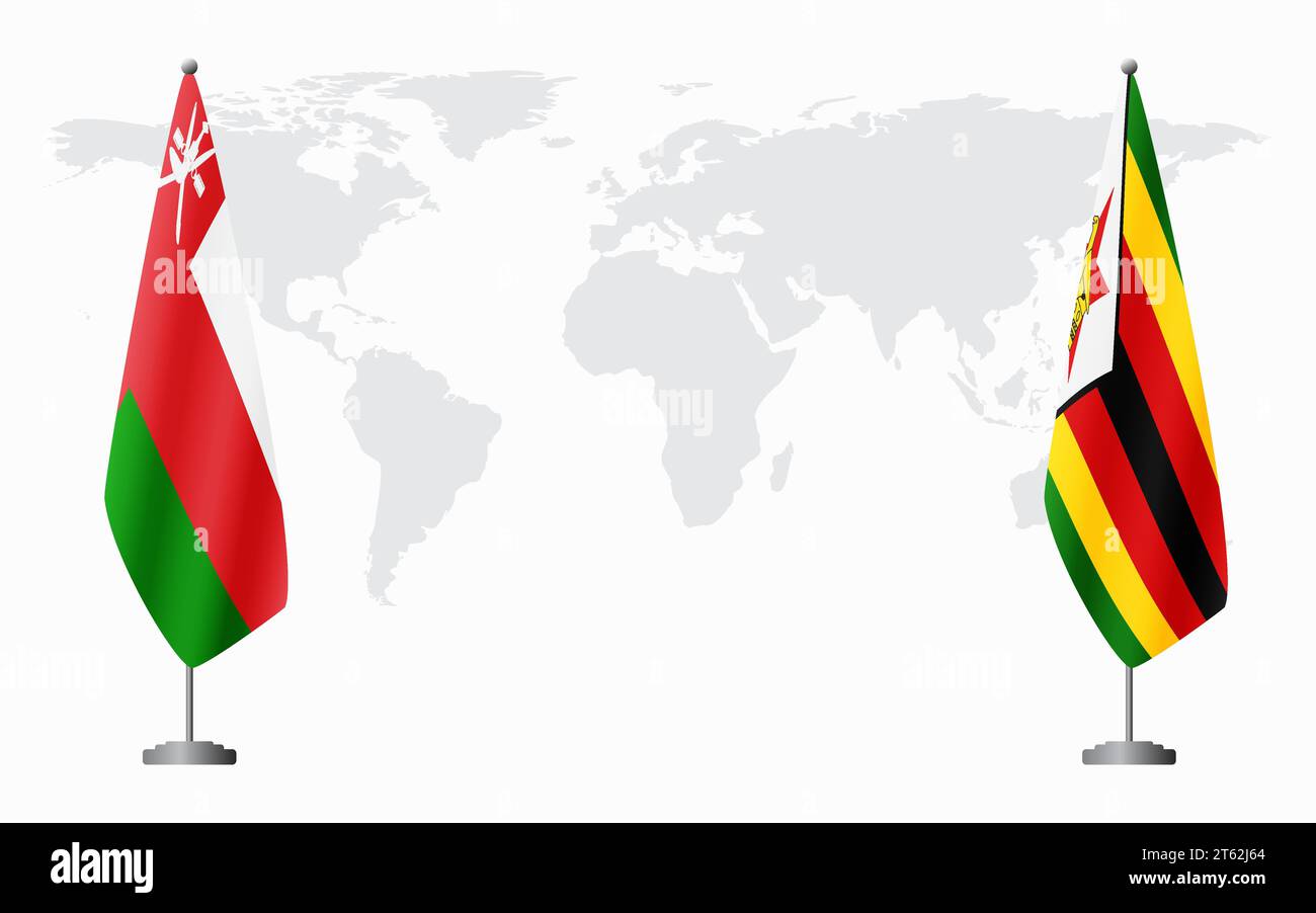Bandiere dell'Oman e dello Zimbabwe per un incontro ufficiale sullo sfondo della mappa mondiale. Illustrazione Vettoriale