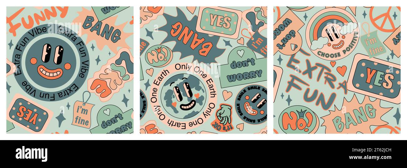 90 Set di pattern senza cuciture per collage Cool Sticker. Sfondi eccentrici e grovigliati con patch retrospettive. Cartoon Fun Smile Faces, y2k, Millennium Style Vector Illustration. Illustrazione Vettoriale
