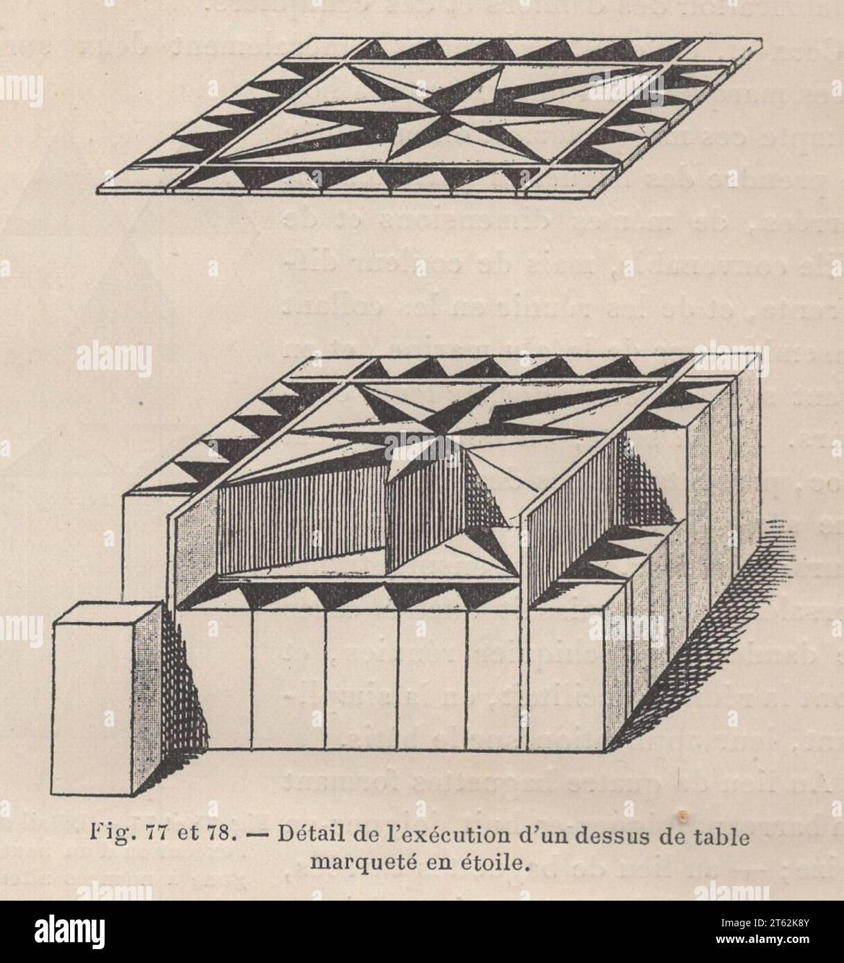 Les Arts de l'Ameublement : l'ebéniestrie par Henry Havard , Parigi , Librairie Charles Delagrave 15 rue Soufflot, 15 /antico libro francese del XIX secolo / Fig 77 et 78 - détail de l'Exécution d'un dessus de table marqueté en étoile / dettaglio di un piano da tavolo a stella intarsiato Foto Stock