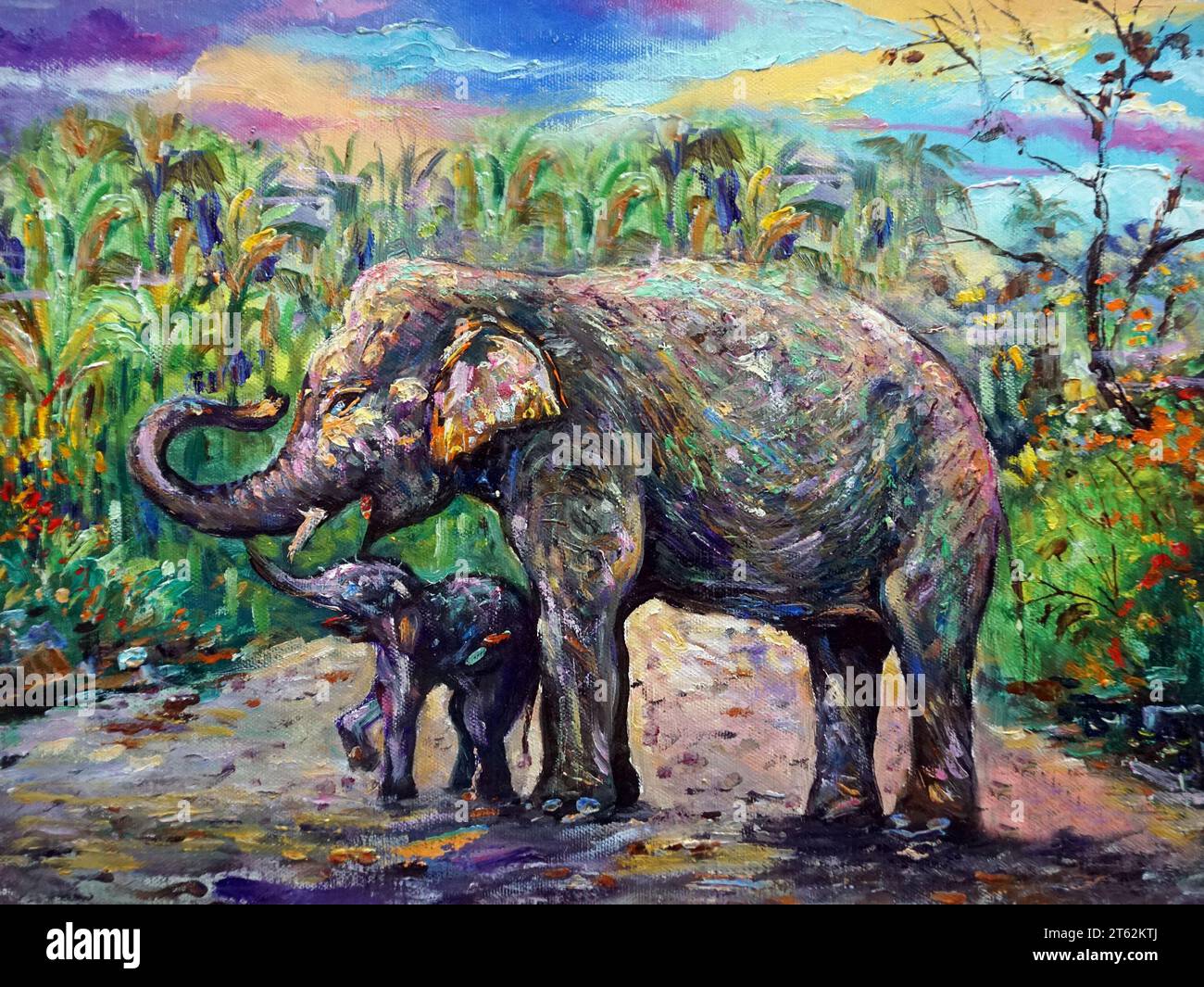 Pittura d'arte originale famiglia Elefante a olio nella foresta thailandia Foto Stock