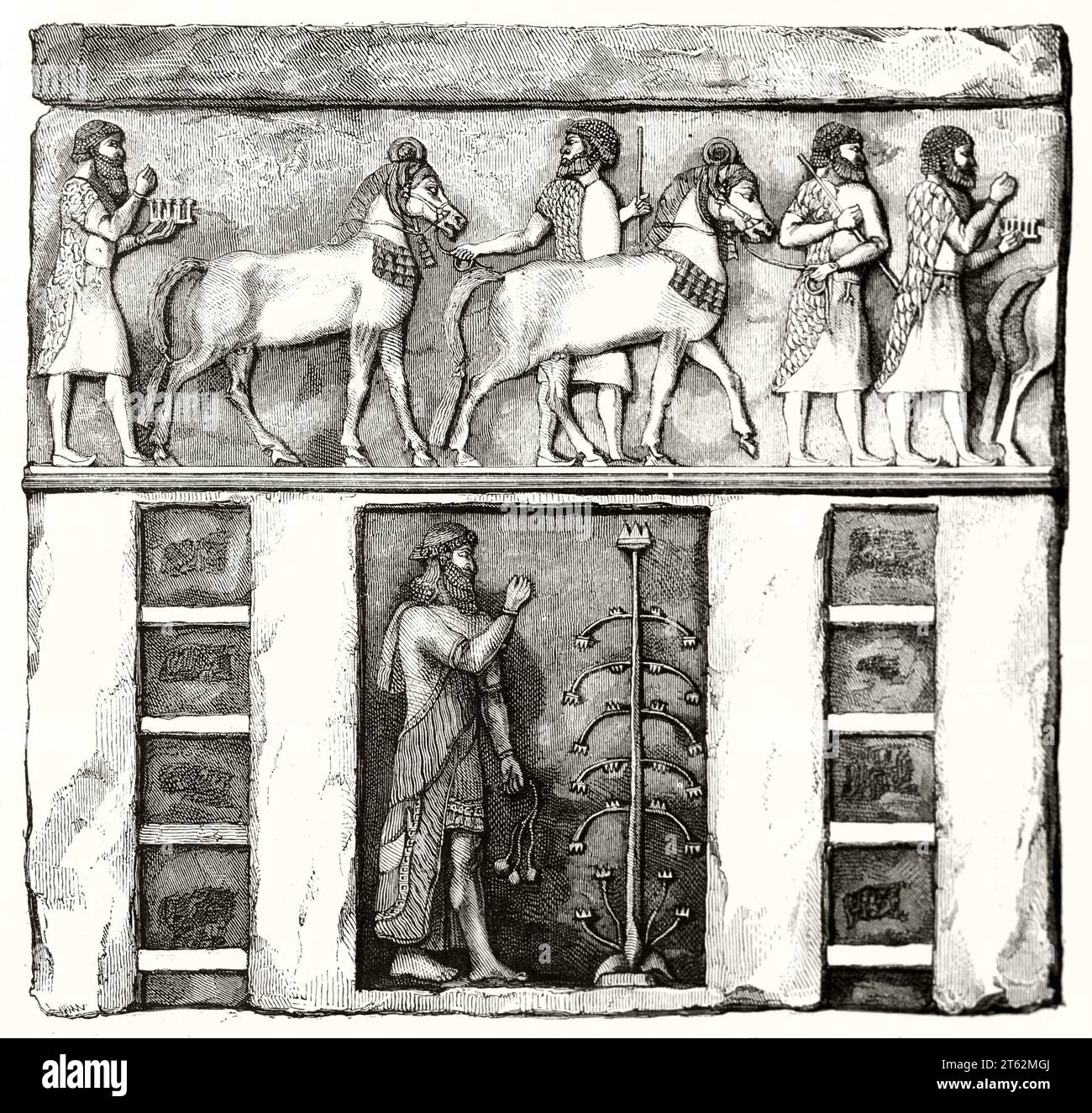 Riproduzione bassorilievo assiro: Processione di cavalli con figure barbute sopra, adoratore davanti all'albero sacro sottostante, Louvre, Parigi, 1849 Foto Stock