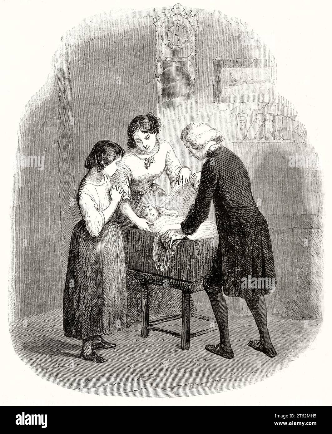 Vecchia illustrazione di adulti che si prendono cura di un bambino. Di Tony Johannot, publ. Su Magasin Pittoresque, Parigi, 1849 Foto Stock