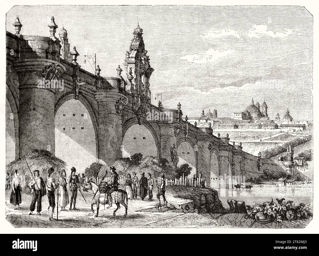 Vecchia vista del Ponte di Toledo, Madrid, Spagna. Da autore non identificato, publ. Su Magasin Pittoresque, Parigi, 1849 Foto Stock