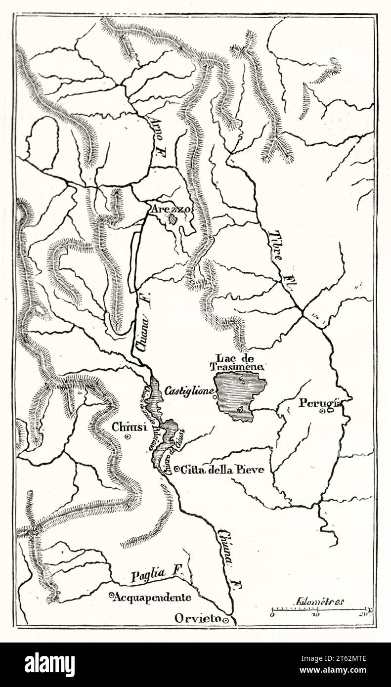 Vecchia mappa di Chiana canale, maestro, zona del Canale, Italia centrale. Da autore non identificato, publ. Su Magasin Pittoresque, Parigi, 1849 Foto Stock