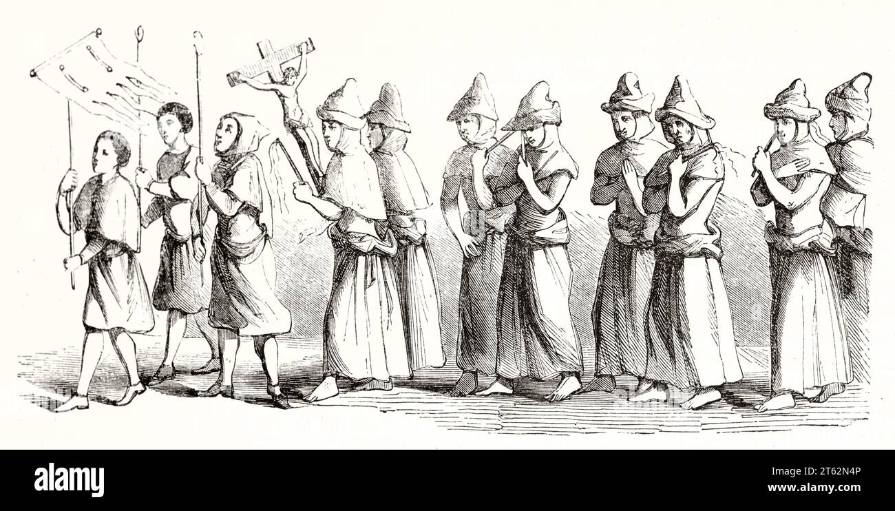 Vecchia illustrazione raffigurante la processione dei Flagellanti. Dopo la stampa antica, publ. Su Magasin Pittoresque, Parigi, 1849 Foto Stock