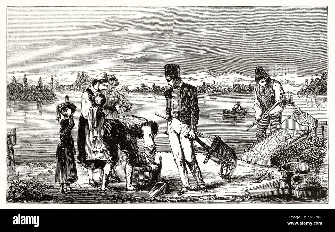 Vecchia illustrazione di ceramiche d'oro sulla riva del Reno, dintorni di Karlsruhe, Germania. Da autore non identificato, publ. Su Magasin Pittoresque, Parigi, 1849 Foto Stock