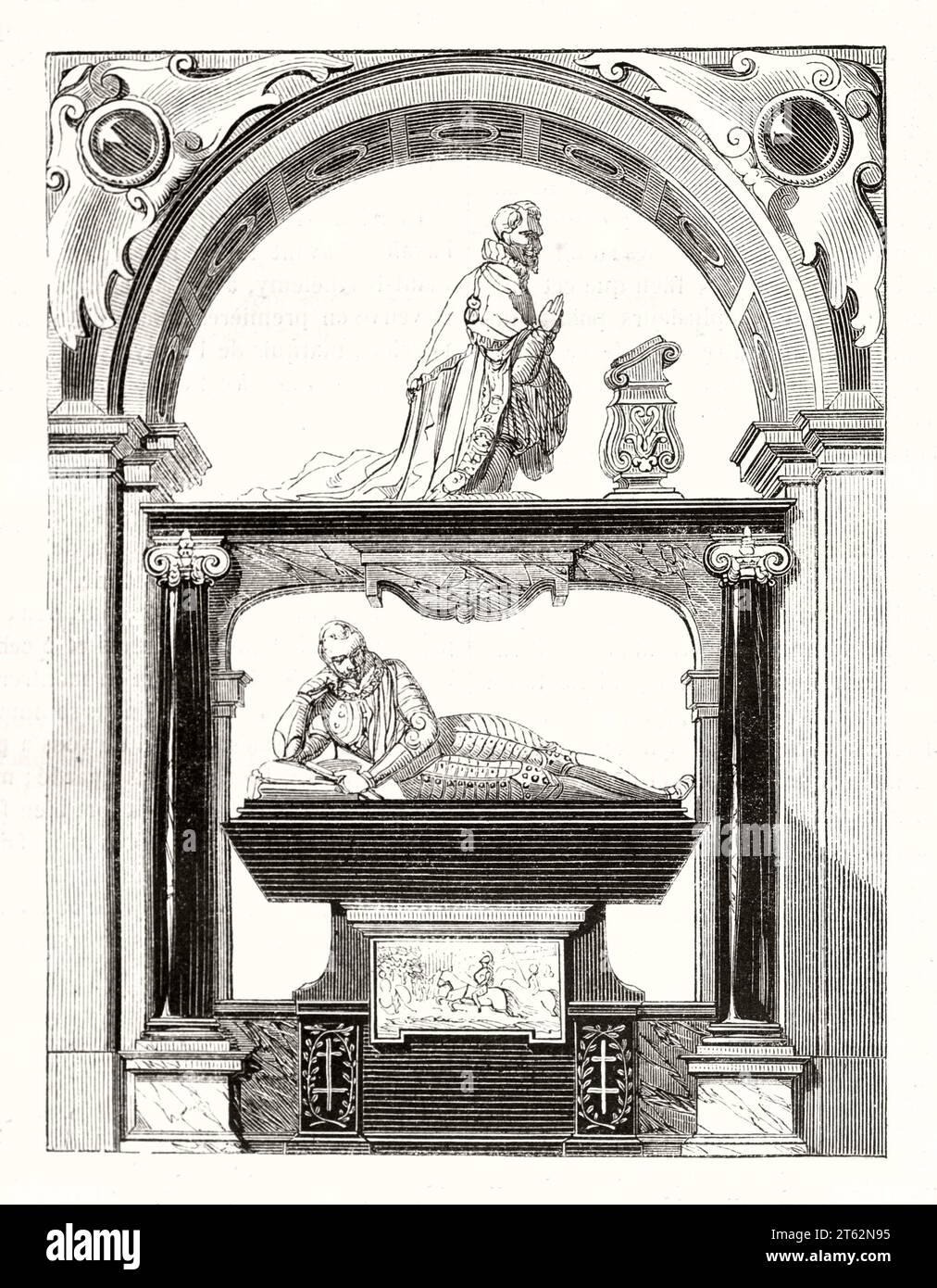 Vecchia illustrazione del cenotafio Enrico i di Guisa nella cappella del collegio dell'Unione europea, in Francia. Da autore non identificato, publ. Su Magasin Pittoresque, Parigi, 1849 Foto Stock