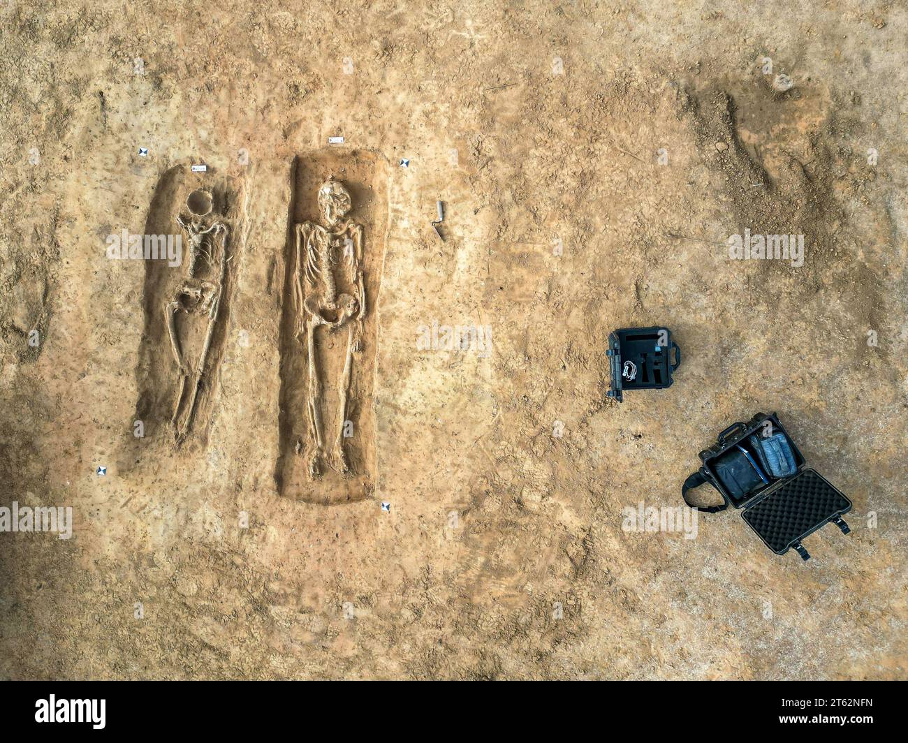 Ein Grab aus der Karolingerzeit wurde von Archäologen auf dem Gelände der Königspfalz Helfta freigelegt. In dem Grab aus dem 8. Jahrhundert liegen ein Foto Stock