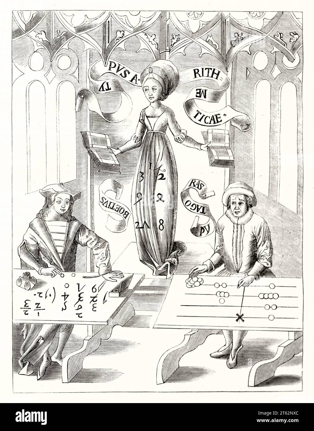 Vecchia llustrazione di Pitagora e Boezio calcolo (Margarita Philosophica). Dopo Gregor Reisch, publ. Su Magasin Pittoresque, Parigi, 1849 Foto Stock