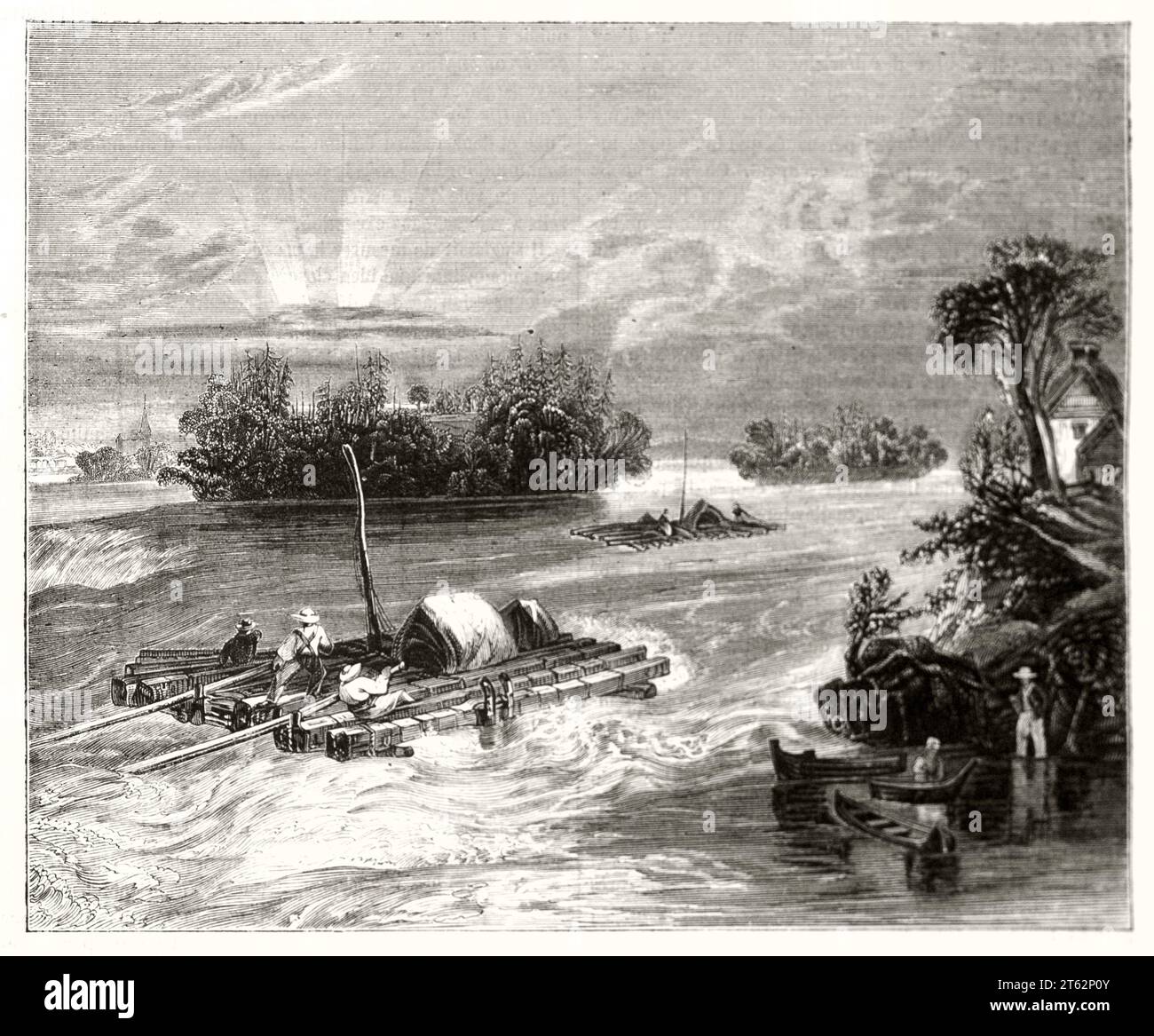 Vecchia illustrazione di zattere nel fiume americano. Da autore non identificato, publ. Su Magasin Pittoresque, Parigi, 1849 Foto Stock