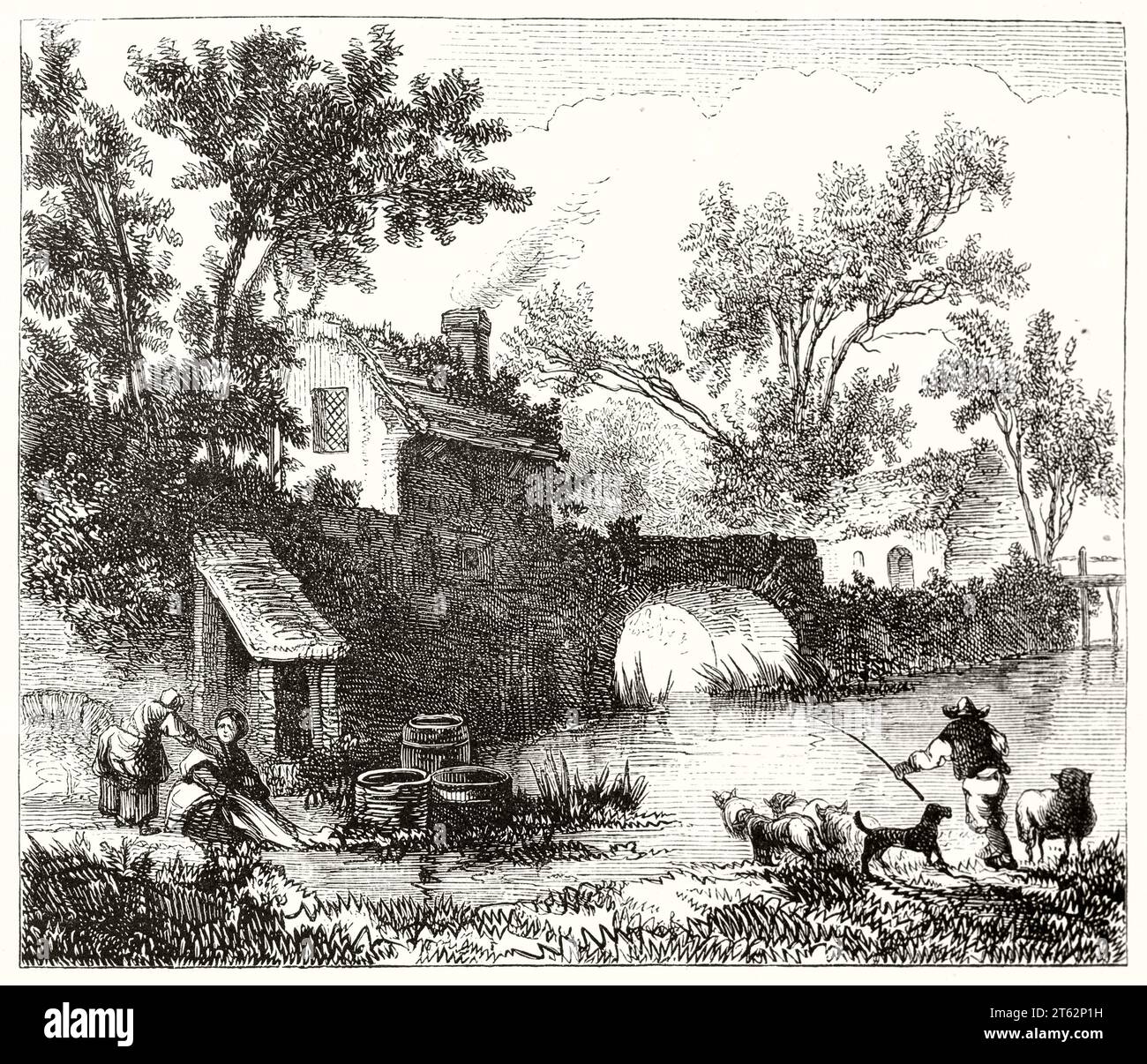 Vecchia illustrazione di uno stagno in un paesaggio rurale. Dopo Herlac, publ. Su Magasin Pittoresque, Parigi, 1849 Foto Stock