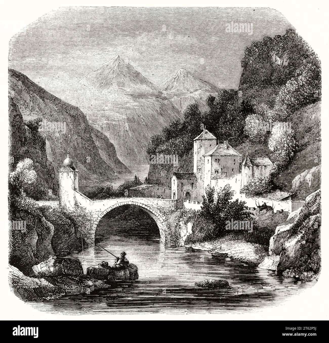 Vecchia vista del ponte sul Rodano a Saint-Maurice, Canton Vallese, Svizzera. Di Champin, publ. Su Magasin Pittoresque, Parigi, 1849 Foto Stock