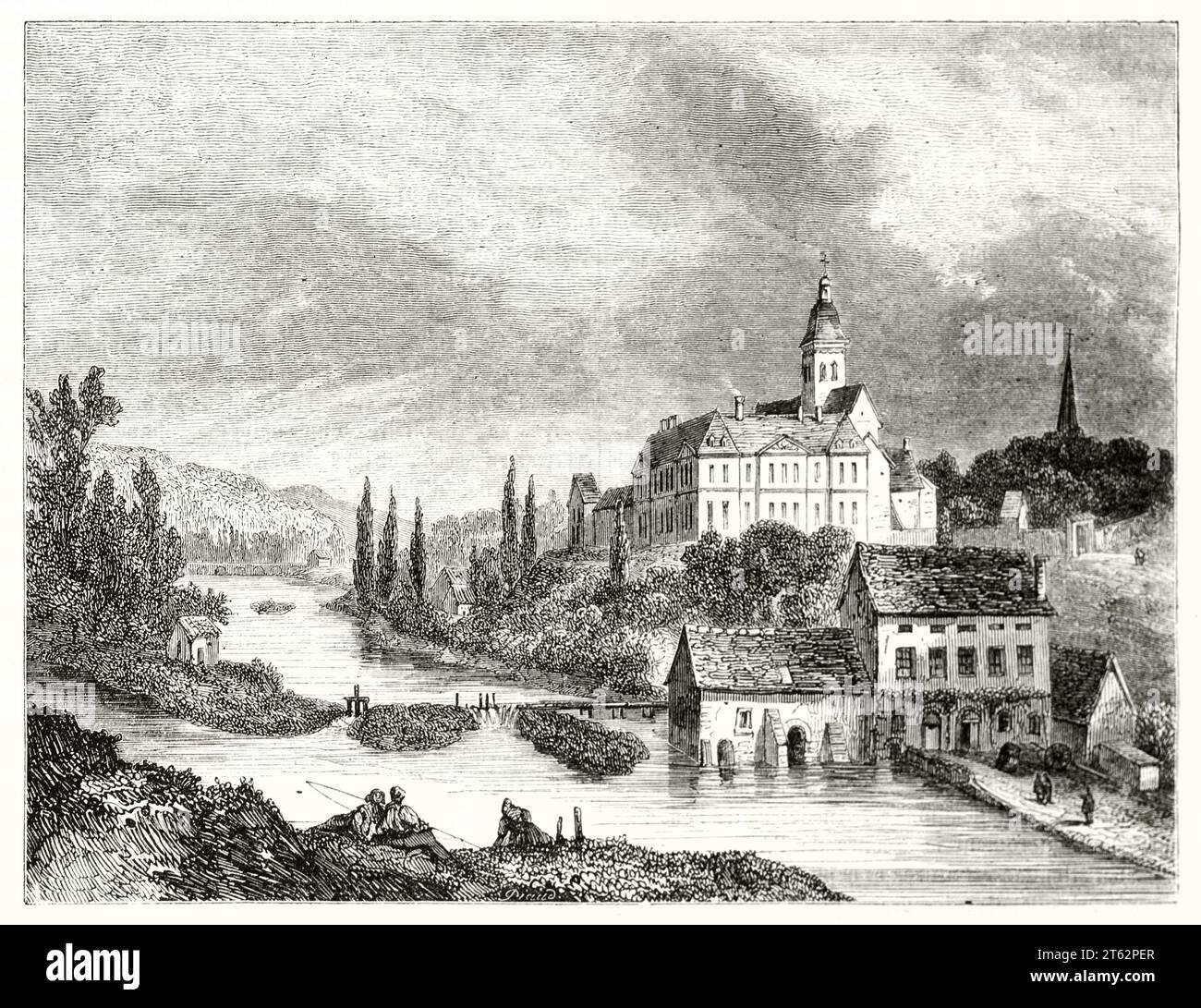 Vecchia vista dell'abbazia di Solesmes, Francia. Di Campin, publ. Su Magasin Pittoresque, Parigi, 1849 Foto Stock