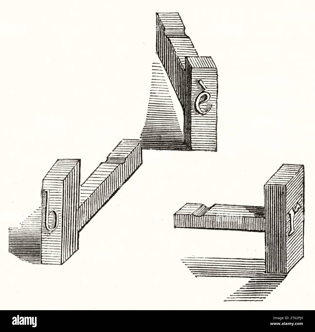 Vecchia illustrazione dell'accessorio strumento di scrittura per l'apprendimento alla cieca. Da autore non identificato, publ. Su Magasin Pittoresque, Parigi, 1849 Foto Stock