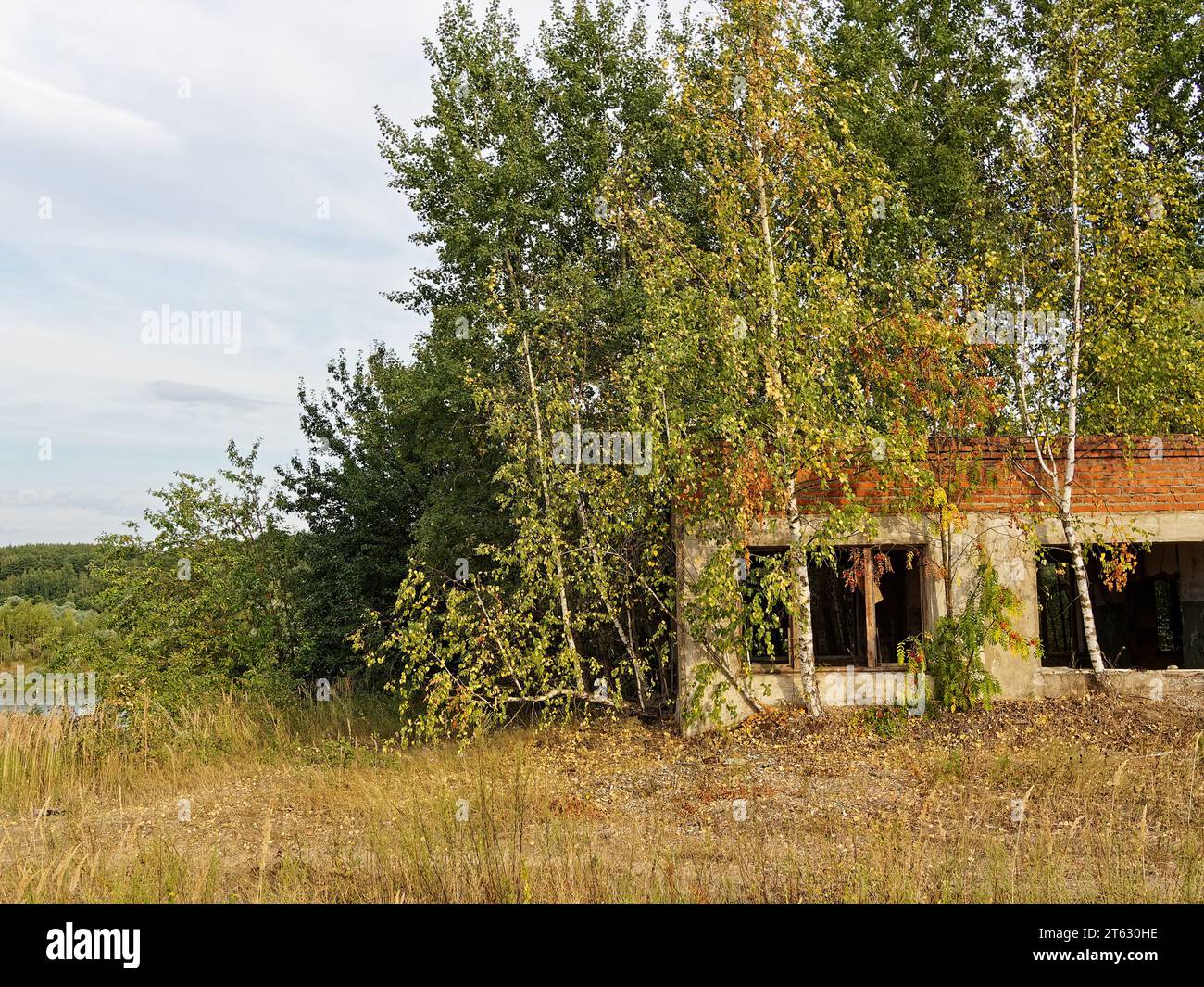 Edificio in mattoni a un piano abbandonato, Russia Foto Stock