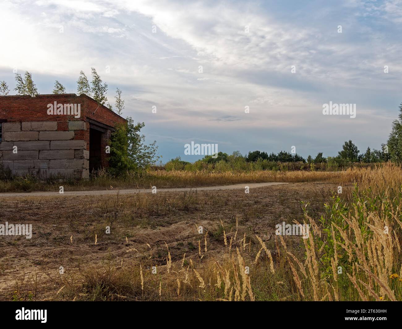 Edificio in mattoni a un piano abbandonato, Russia Foto Stock