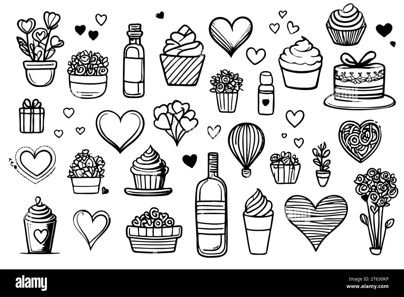 Illustrazioni vettoriali con disegni per san valentino. set di schizzi di elementi di design disegnati a mano per le valentine, etichette regalo, biglietti di auguri. Illustrazione Vettoriale