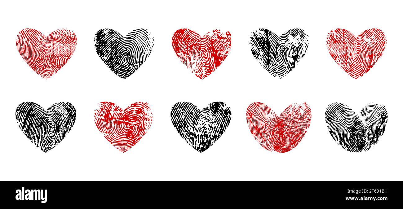 Cuori di impronte digitali, icone d'amore di impronte digitali o impronte digitali nel cuore, nel vettore. Matrimonio o invito al matrimonio, vacanza di San Valentino e cuori romantici di due impronte digitali o impronte digitali Illustrazione Vettoriale