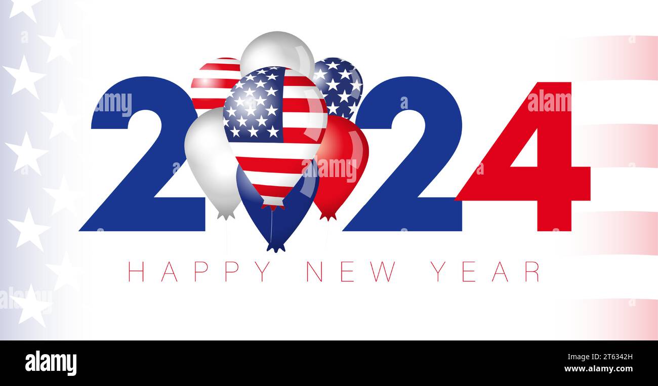 Felice anno nuovo negli Stati Uniti i social media saluti. Voto 2024, simbolo del giorno delle elezioni, idea creativa. Banner per le festività negli Stati Uniti. Palloncini con bandiera AMERICANA. Illustrazione Vettoriale