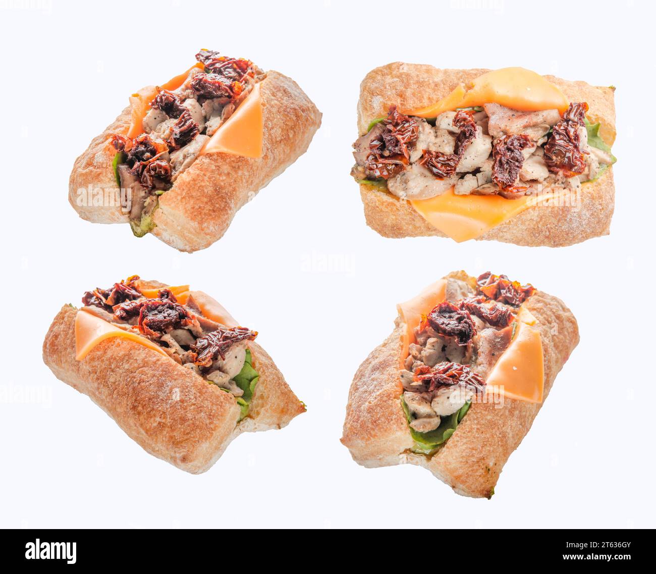 Panino con ciabatta di pollo al pesto aperto. Foto Stock