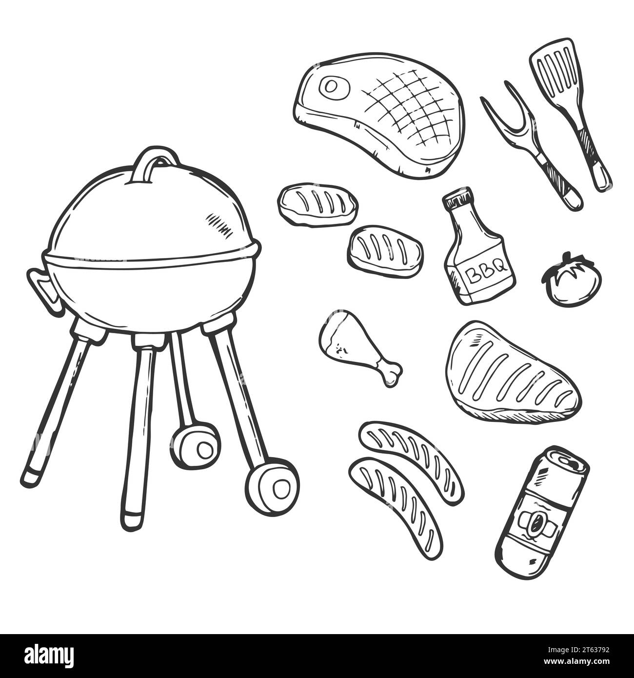 Set di icone per barbecue disegnate a mano. Prodotti e strumenti Illustrazione Vettoriale
