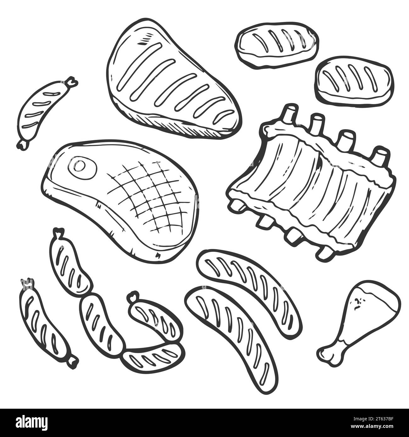 Doodle Vector elementi a base di carne disegnati a mano su bianco Illustrazione Vettoriale