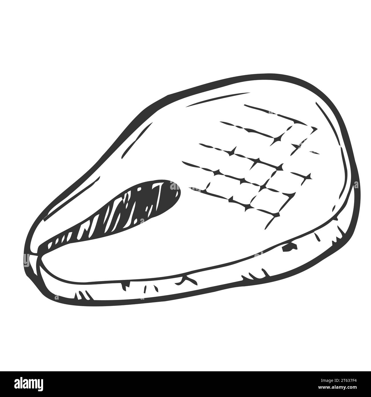 Bistecca di pesce disegnata a mano per grigliare o arrostire, disegno vettoriale isolato su sfondo bianco. Deliziosi piatti di pesce con incisioni. Illustrazione Vettoriale