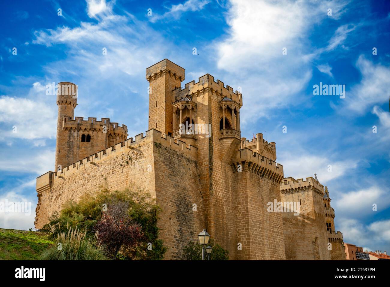 Vista del castello medievale di Olite, Navarra, Spagna, con le sue numerose torri slanciate alla luce di mezzogiorno. Foto Stock
