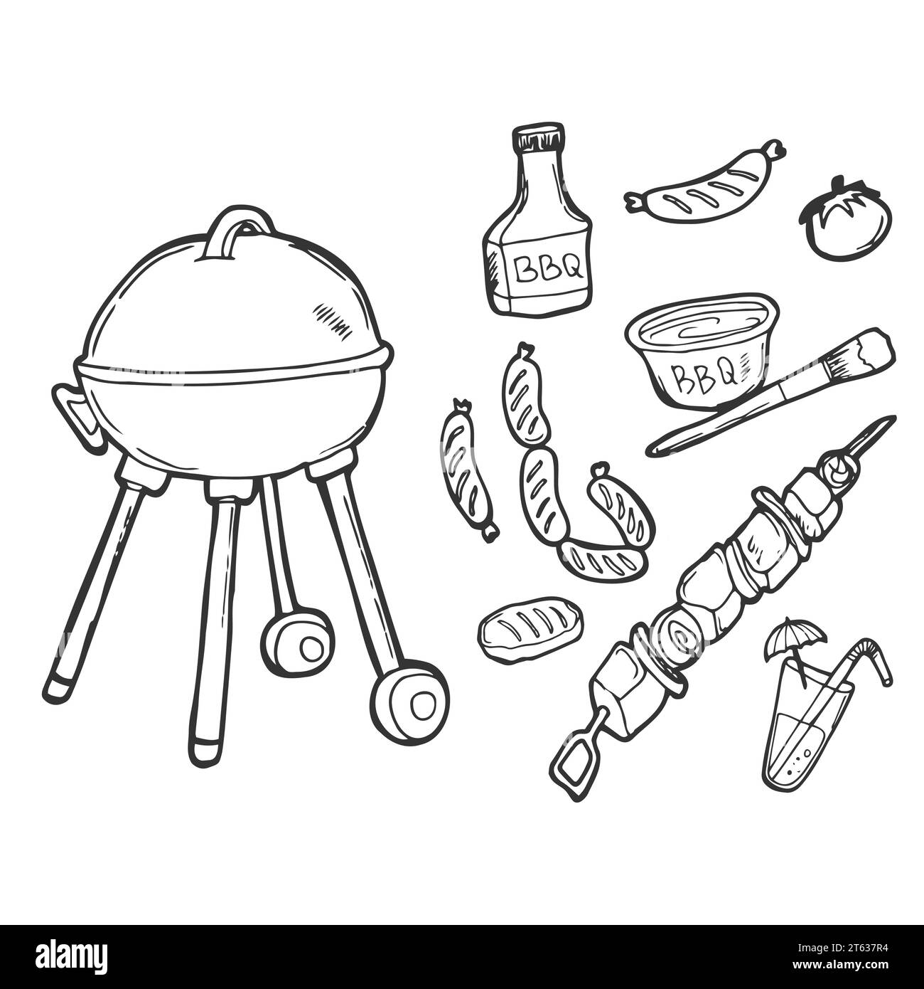 Set di icone per barbecue disegnate a mano. Prodotti e strumenti Illustrazione Vettoriale