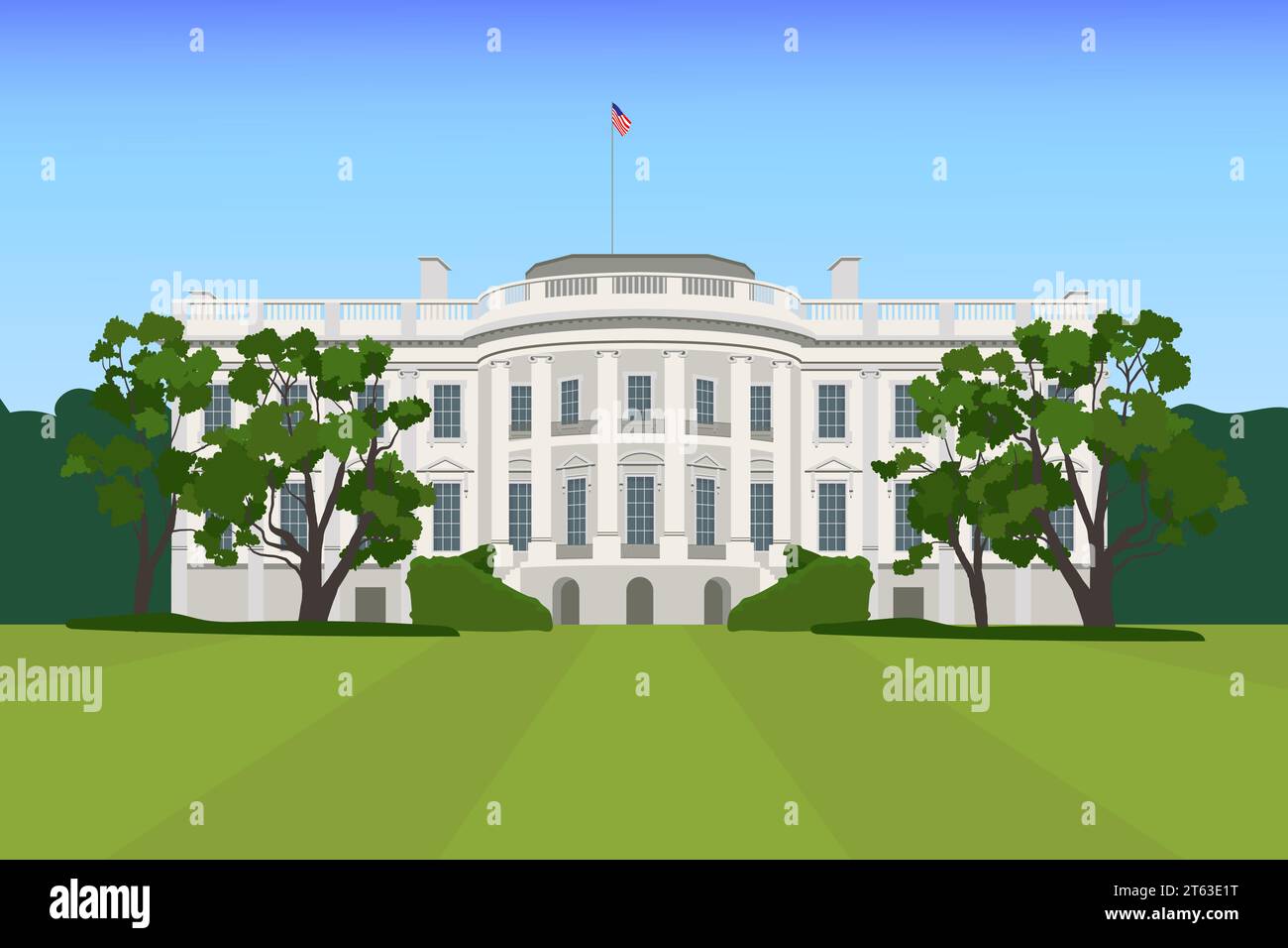 Grafica vettoriale del lato sud della facciata White House Washington DC. Illustrazione realistica di un cortile. Illustrazione Vettoriale